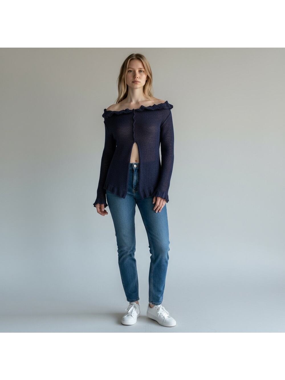 RUNDHOLZ Women Lagenlook Off the Shoulder Front Slit Pullover Sweater Sz M Navy